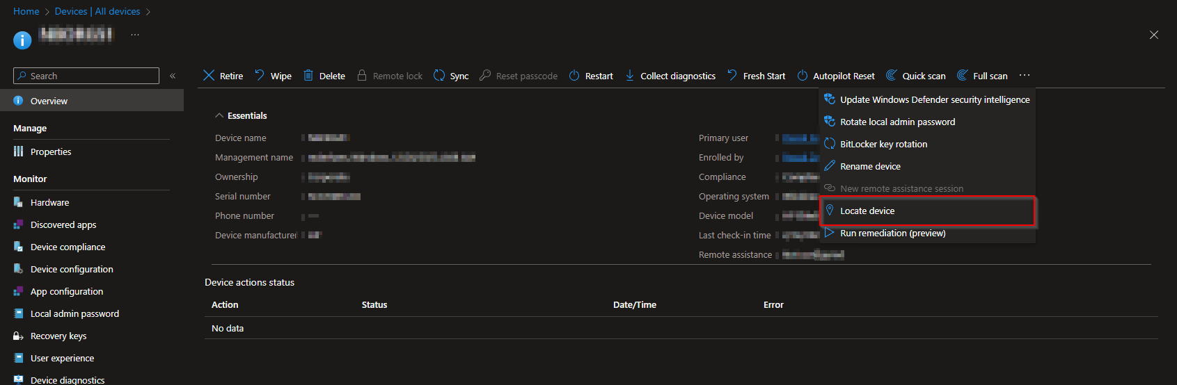Locating a device in Microsoft Intune using the Locate device remote action